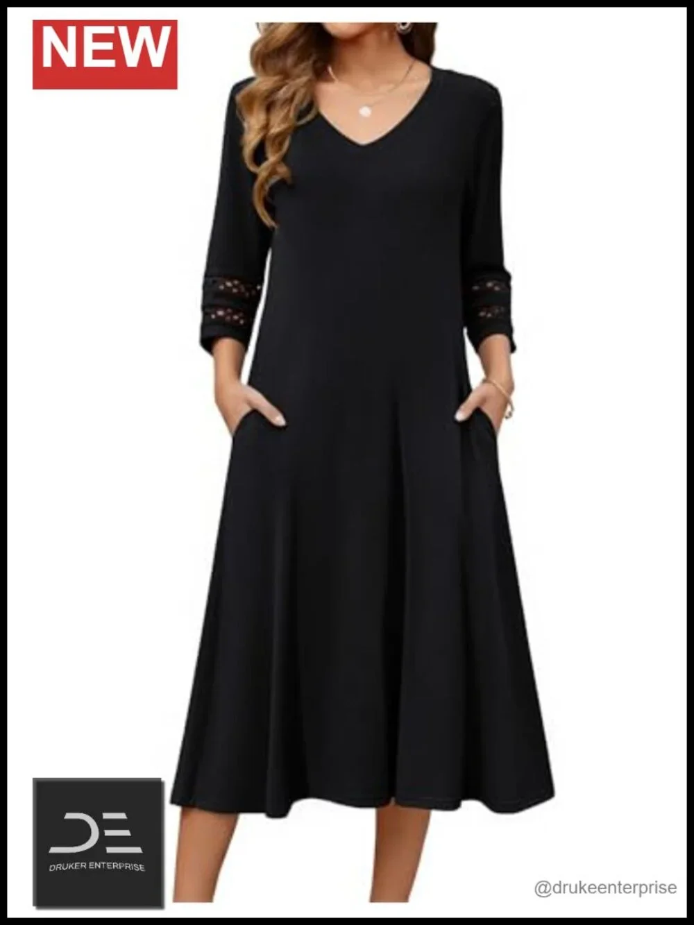 3/4 Sleeve V-Neck A-Line Flowy Midi Dress with Pockets